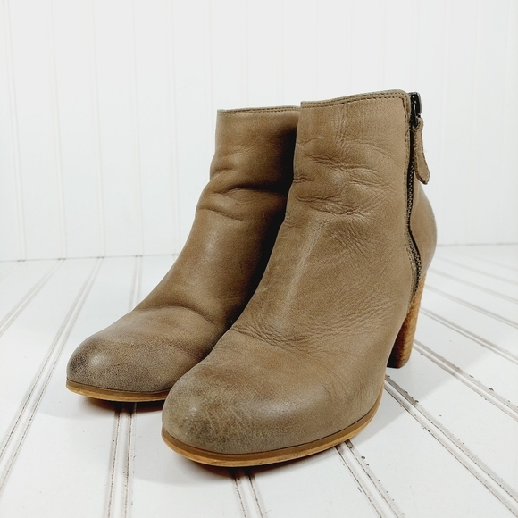 Trolley Brown Tan Leather Side Zippers Block Heel Ankle Boots H933 - Picture 2 of 12